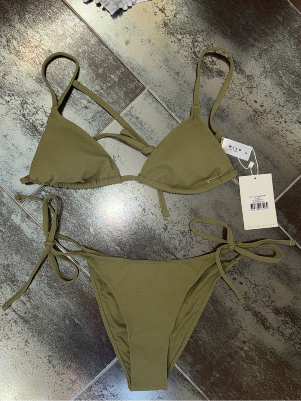 WILO the label khaki Tie-Side Triangle Bikini Set Small NWT